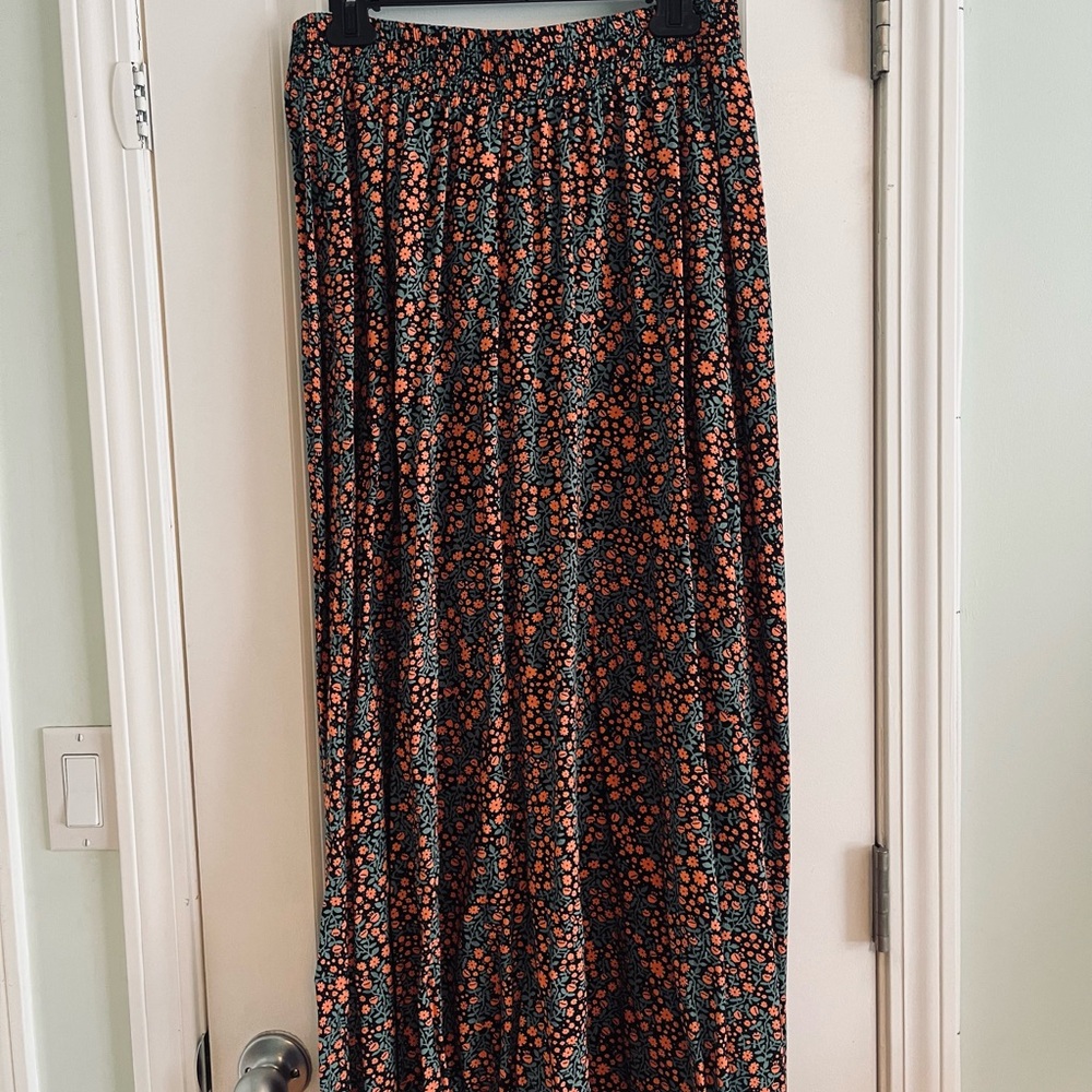 Threads 4 Thought Black Maxi Skirt with Coral and Teal Floral Print
